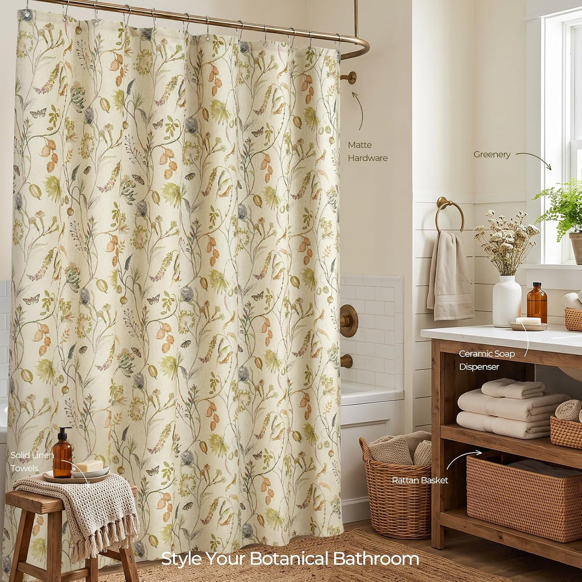 Botanical Floral Linen Blend Shower Curtain 72x72, Organic Modern Farmhouse Bathroom Decor, 210GSM Fabric (Green/Oatmeal)