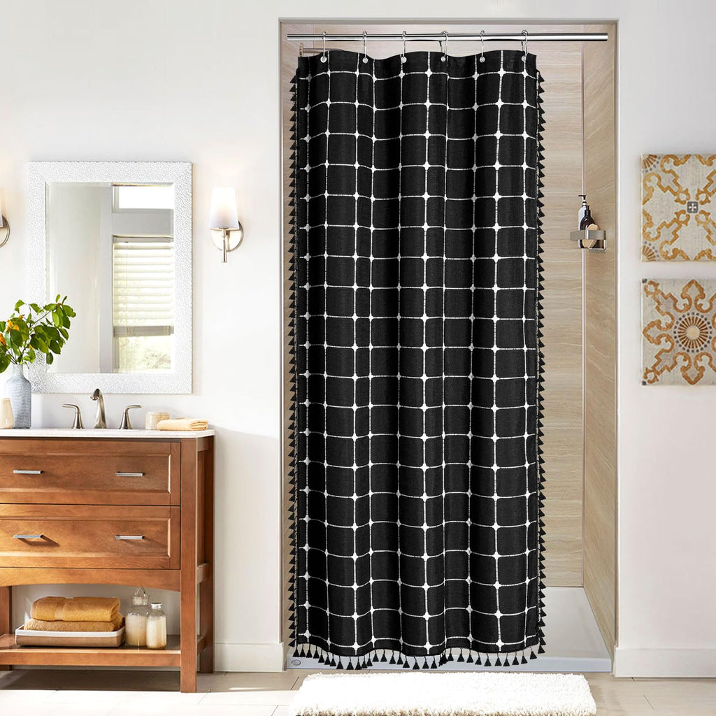 Boho Farmhouse Classic Plaid Linen Tassel Shower Curtain Blue,72x72