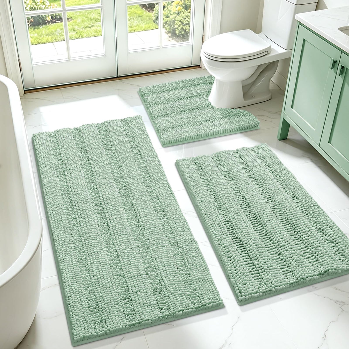 ACCUMTEK Striped Navy Blue Bathroom Rug Set 3 Pieces Ultra Soft, Non Slip Chenille Toilet Mat, Absorbent Plush Shaggy Bath Mats for Bathroom, Bedroom, Kitchen