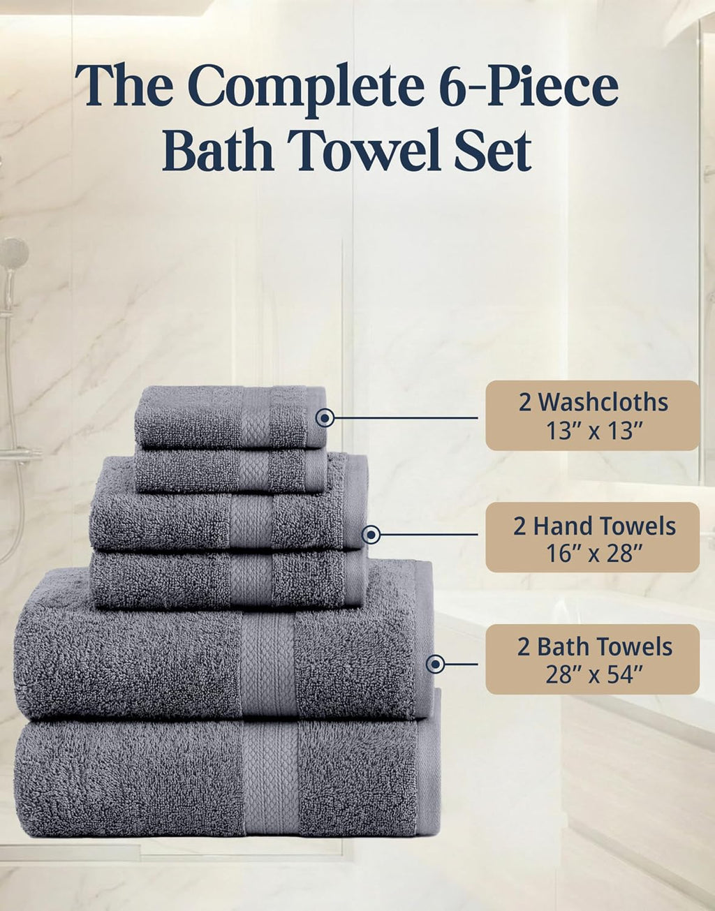 LANE LINEN 100% Cotton Bath Towel Set - 6 Pieces - Softer, Durable & Highly Absorbent - 2 Bath, 2 Wash cloths, 2 Hand Towels for Bathroom - Family Set, Premium Quality & OEKO-TEX Certified - Cool Grey