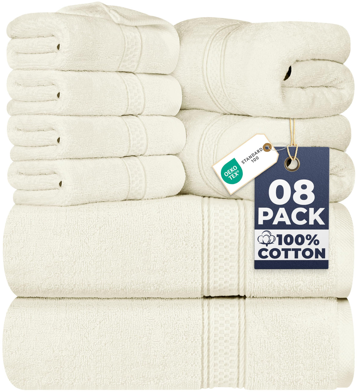 Utopia Towels 8-Piece Premium Towel Set, 2 Bath Towels, 2 Hand Towels, and 4 Wash Cloths, 600 GSM 100% Ring Spun Cotton Highly Absorbent Towels for Bathroom, Gym, Hotel, and Spa (Beige)