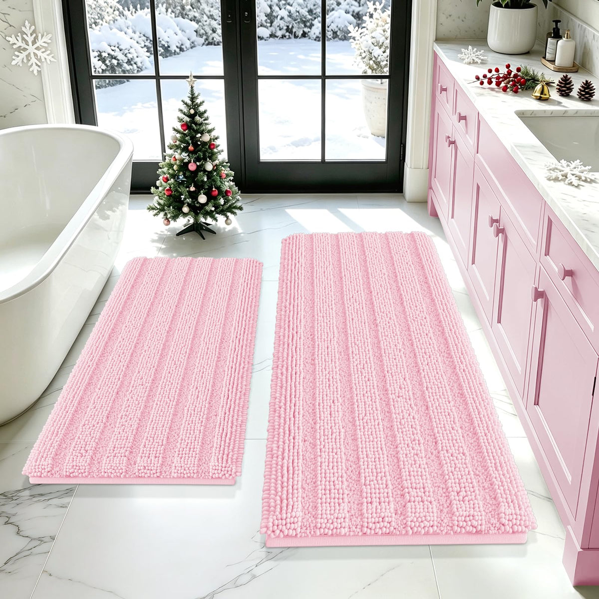 ACCUMTEK Striped Navy Blue Bathroom Rug Set 3 Pieces Ultra Soft, Non Slip Chenille Toilet Mat, Absorbent Plush Shaggy Bath Mats for Bathroom, Bedroom, Kitchen