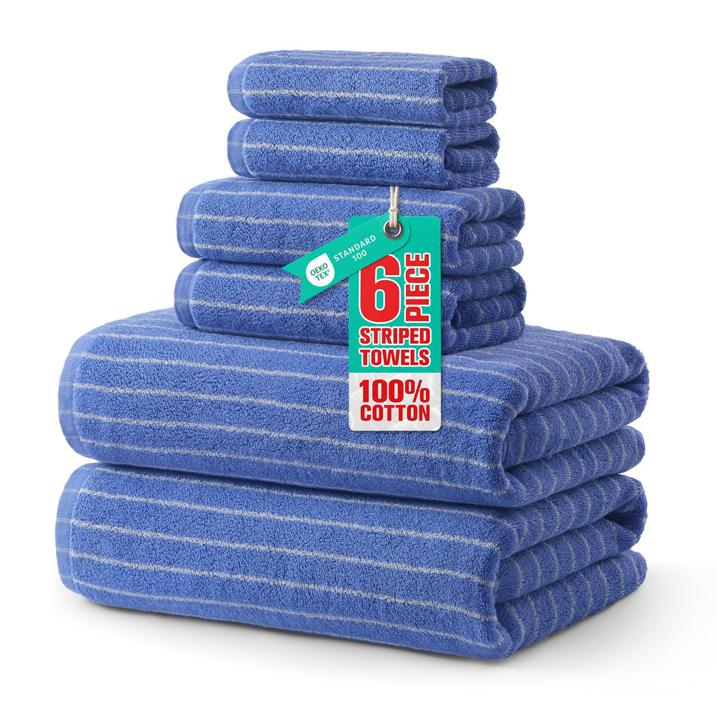 ecolook Premium Bath Towel Set of 6 Pieces – 100% Cotton, Super Absorbent & Quick Dry, Striped Towels for Bathroom, Spa & Swim – 2 Bath, 2 Hand, 2 Washcloths, Olive Green