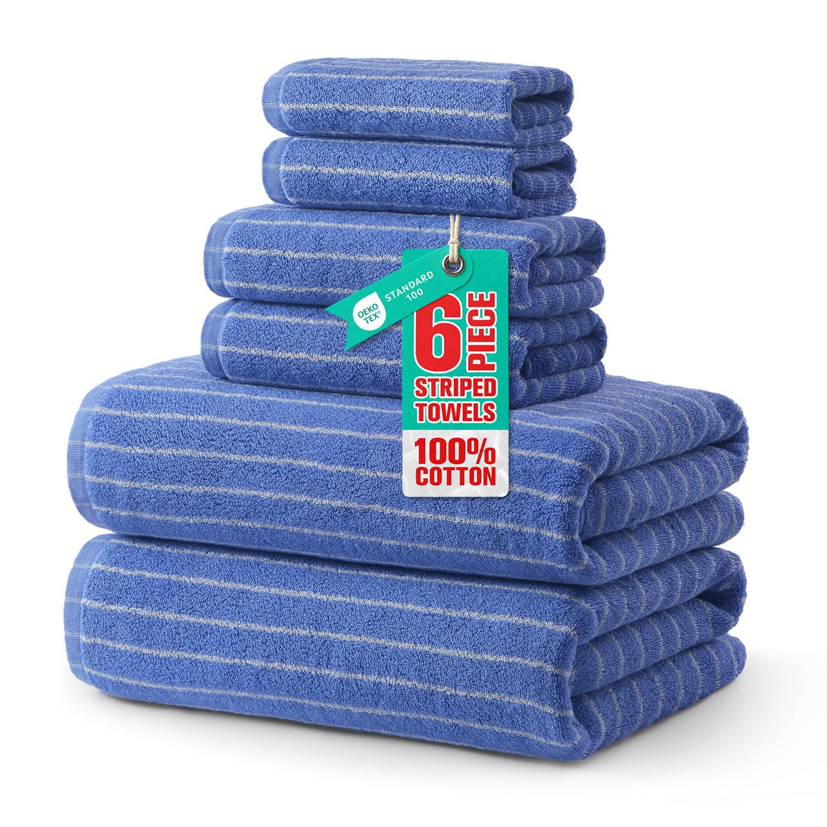 ecolook Premium Bath Towel Set of 6 Pieces – 100% Cotton, Super Absorbent & Quick Dry, Striped Towels for Bathroom, Spa & Swim – 2 Bath, 2 Hand, 2 Washcloths, Olive Green