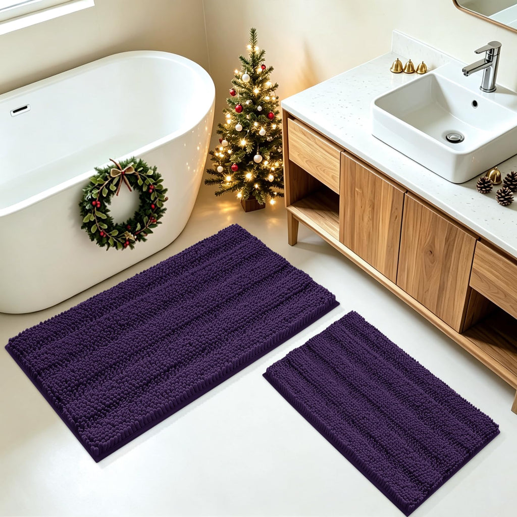 ACCUMTEK Striped Navy Blue Bathroom Rug Set 3 Pieces Ultra Soft, Non Slip Chenille Toilet Mat, Absorbent Plush Shaggy Bath Mats for Bathroom, Bedroom, Kitchen