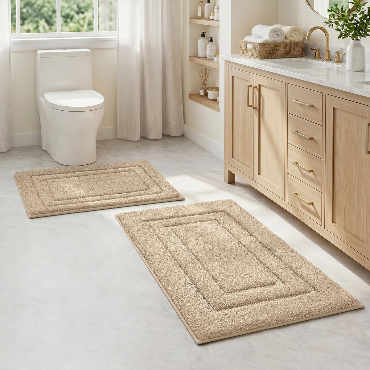 HOMEIDEAS Bathroom Rugs Sets 2 Piece, Super Soft and Absorbent Non Slip Microfiber Machine Washable Bath Mat Set (20" x 32" + 16" x 24", Brown)