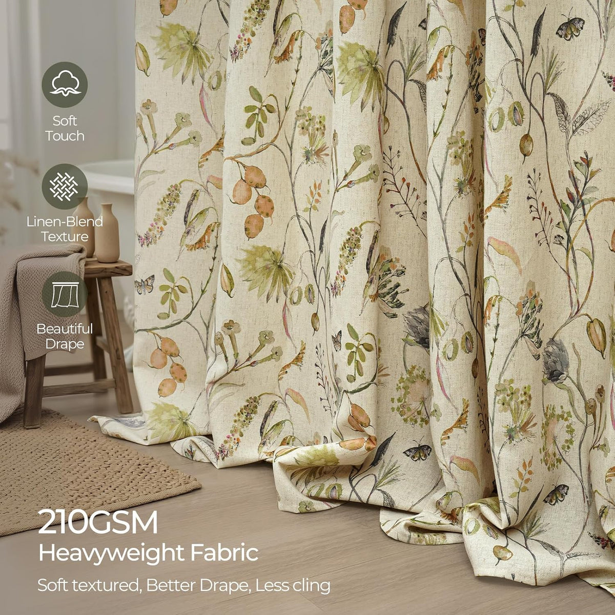 Botanical Floral Linen Blend Shower Curtain 72x72, Organic Modern Farmhouse Bathroom Decor, 210GSM Fabric (Green/Oatmeal)