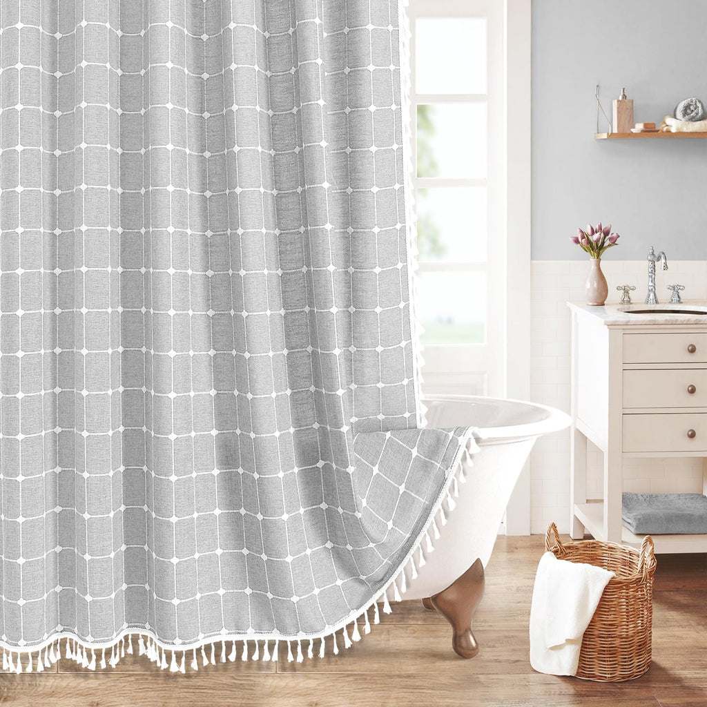 Boho Farmhouse Classic Plaid Linen Tassel Shower Curtain Blue,72x72