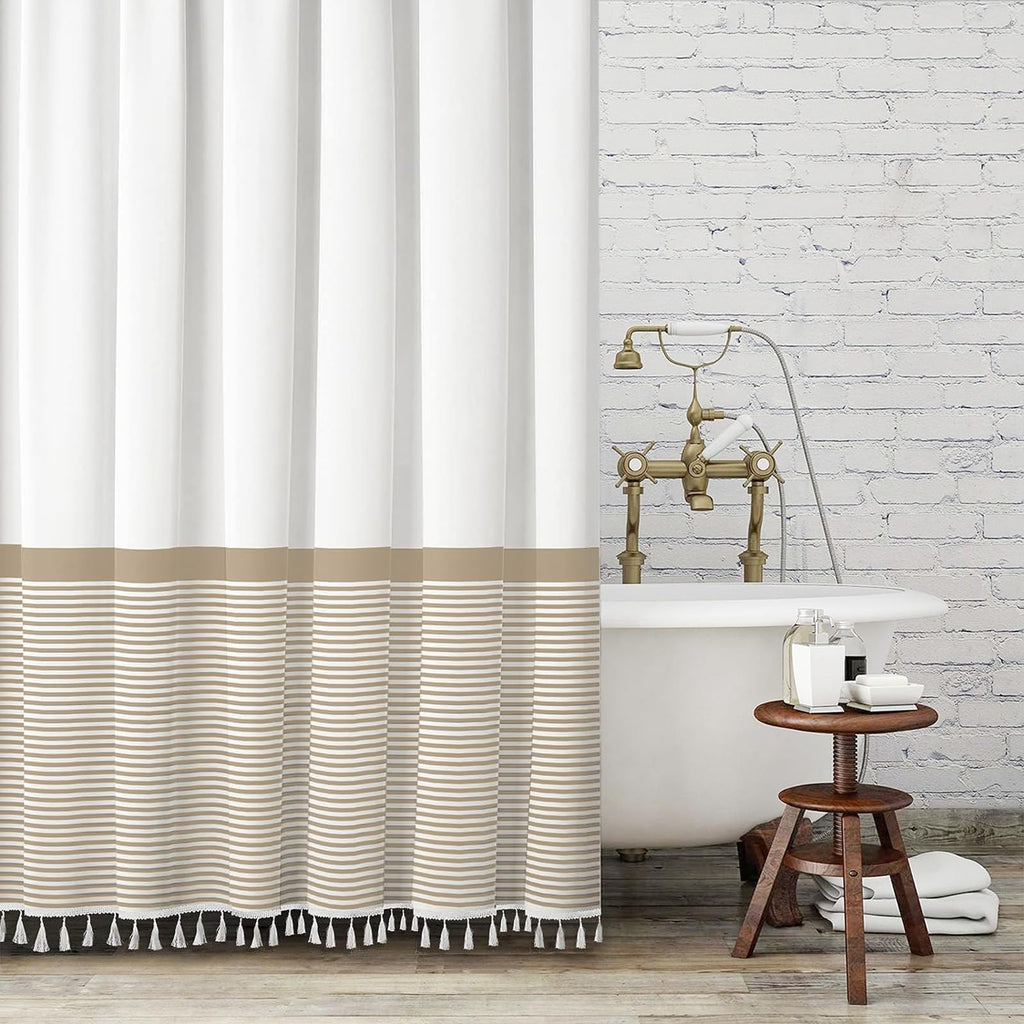Seasonwood Black and White Shower Curtain Striped with Tassels 72 x 72