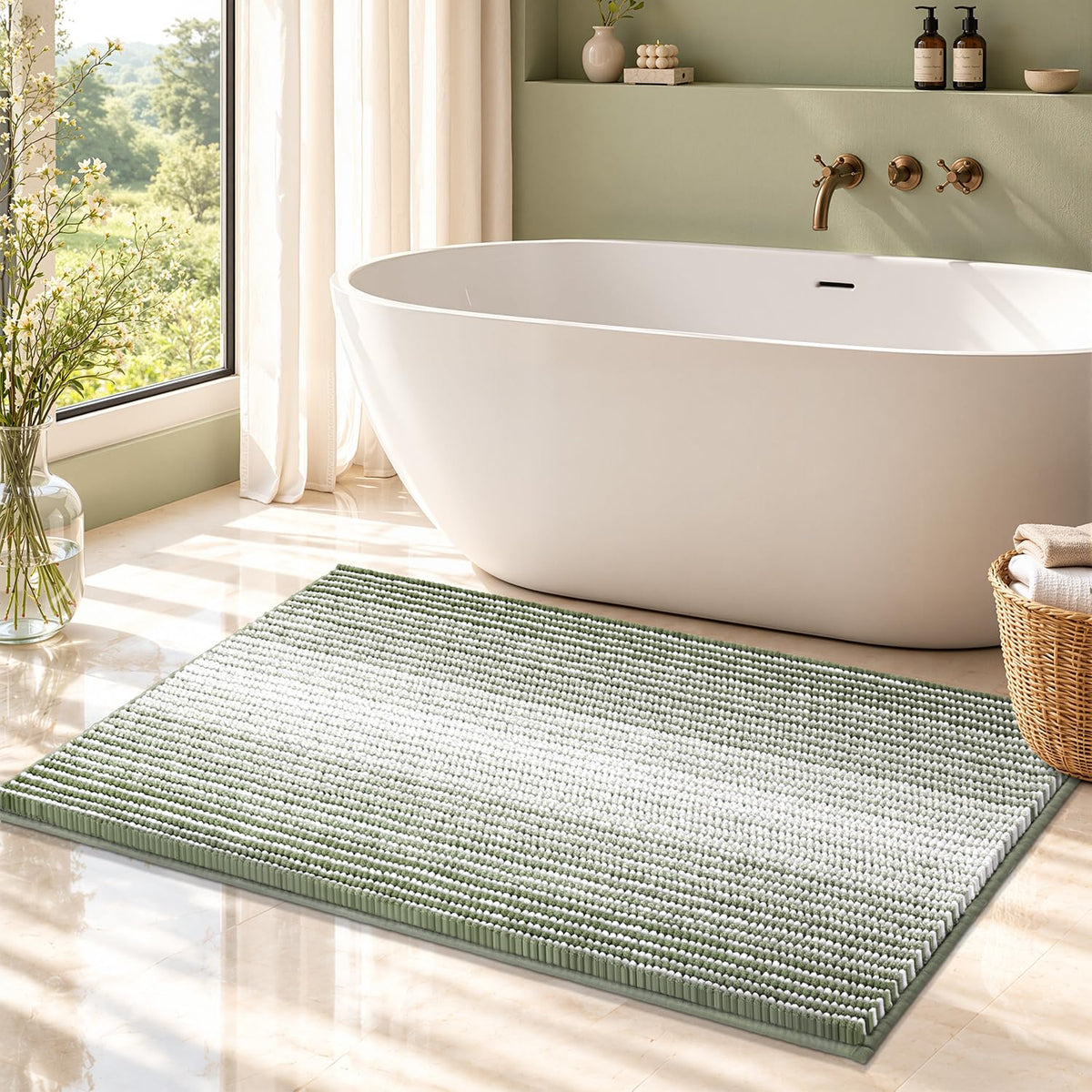 BSICPRO Bathroom Rugs Sets 2 Piece, Non Slip Striped Bath Mats, Fog Blue