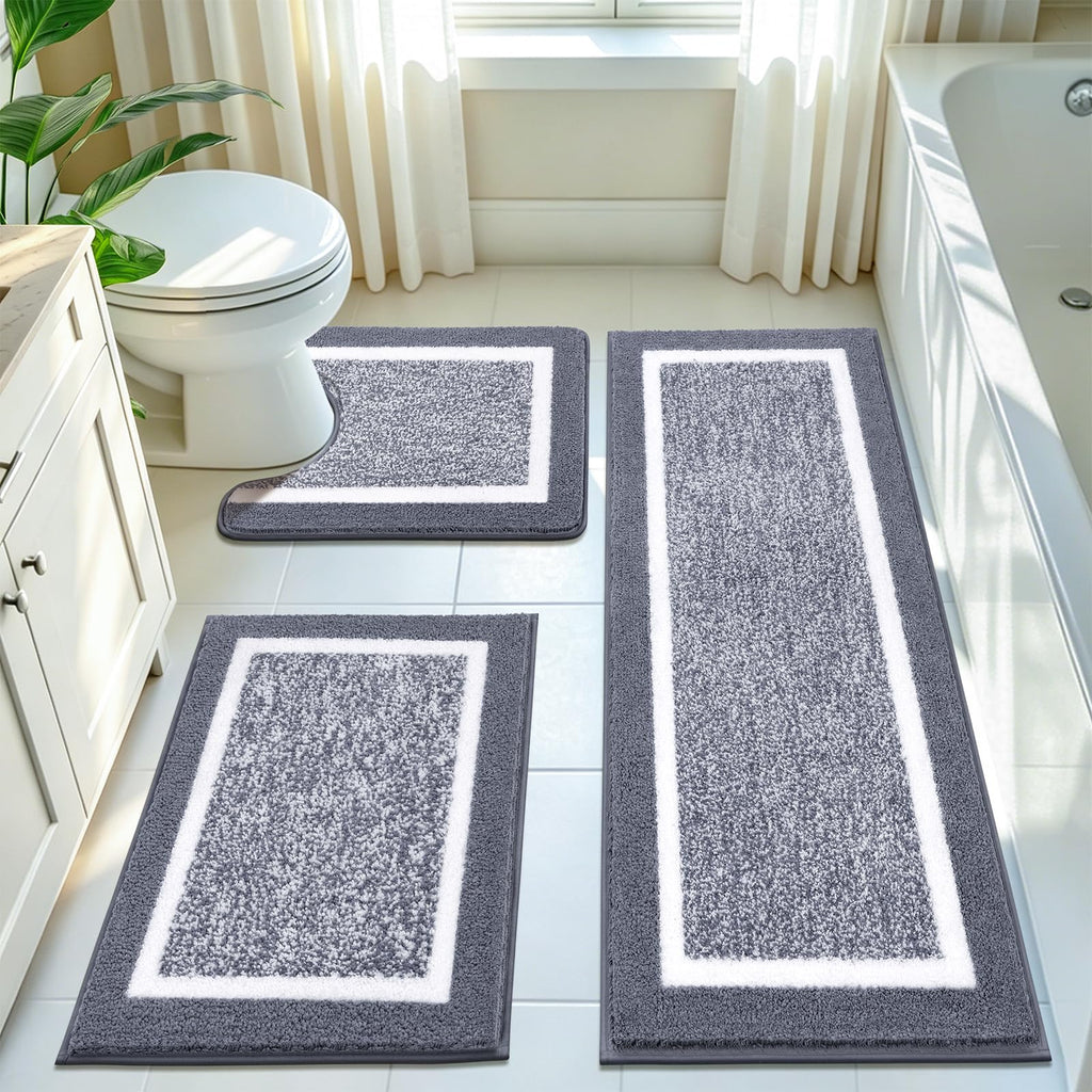 Pauwer Bathroom Rugs 3 Piece Set, Non Slip Washable Bath Mat, Dark Grey