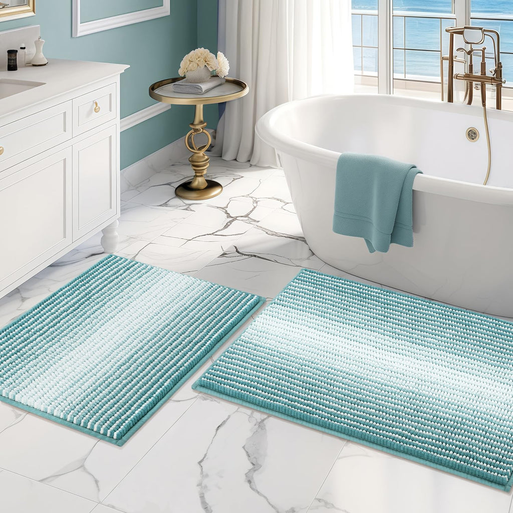 BSICPRO Bathroom Rugs Sets 2 Piece, Non Slip Striped Bath Mats, Fog Blue