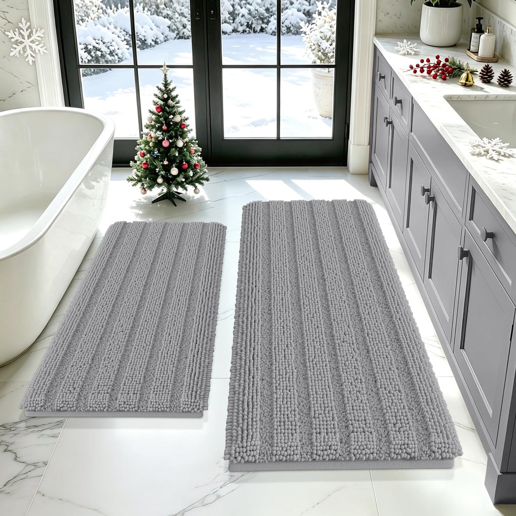 ACCUMTEK Striped Navy Blue Bathroom Rug Set 3 Pieces Ultra Soft, Non Slip Chenille Toilet Mat, Absorbent Plush Shaggy Bath Mats for Bathroom, Bedroom, Kitchen