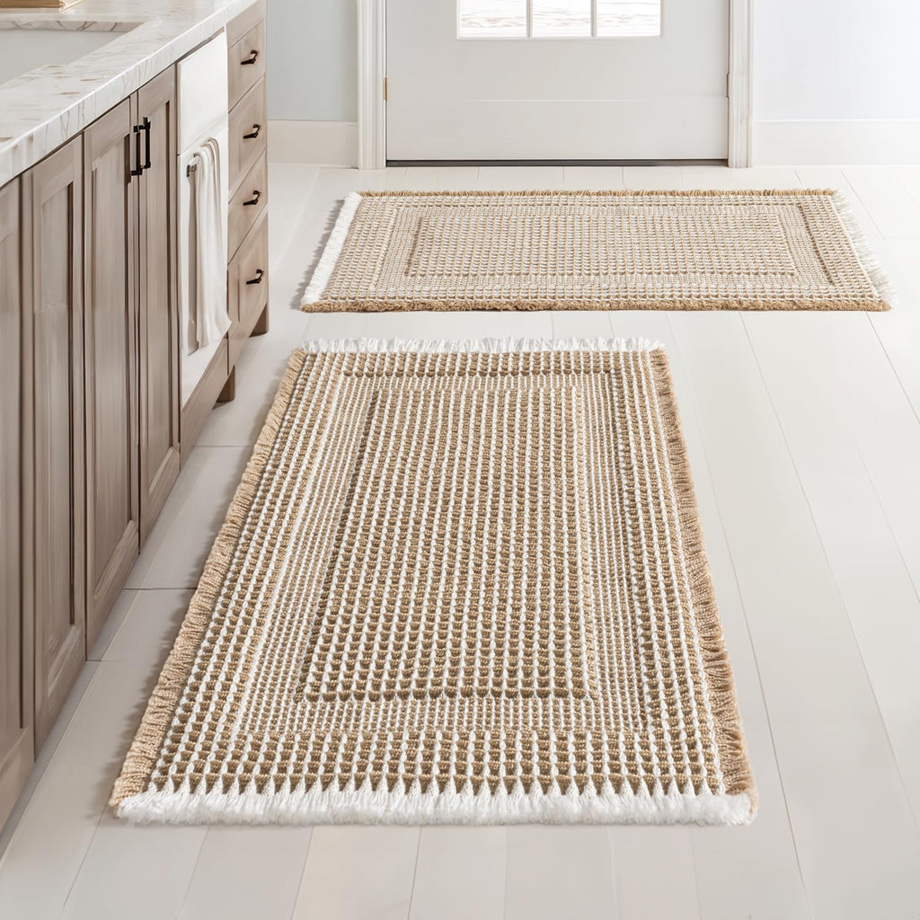 MIULEE Set of 2 Waffle Bathroom Rugs Brown&Cream Boho Bath Mat 17x24+18x30