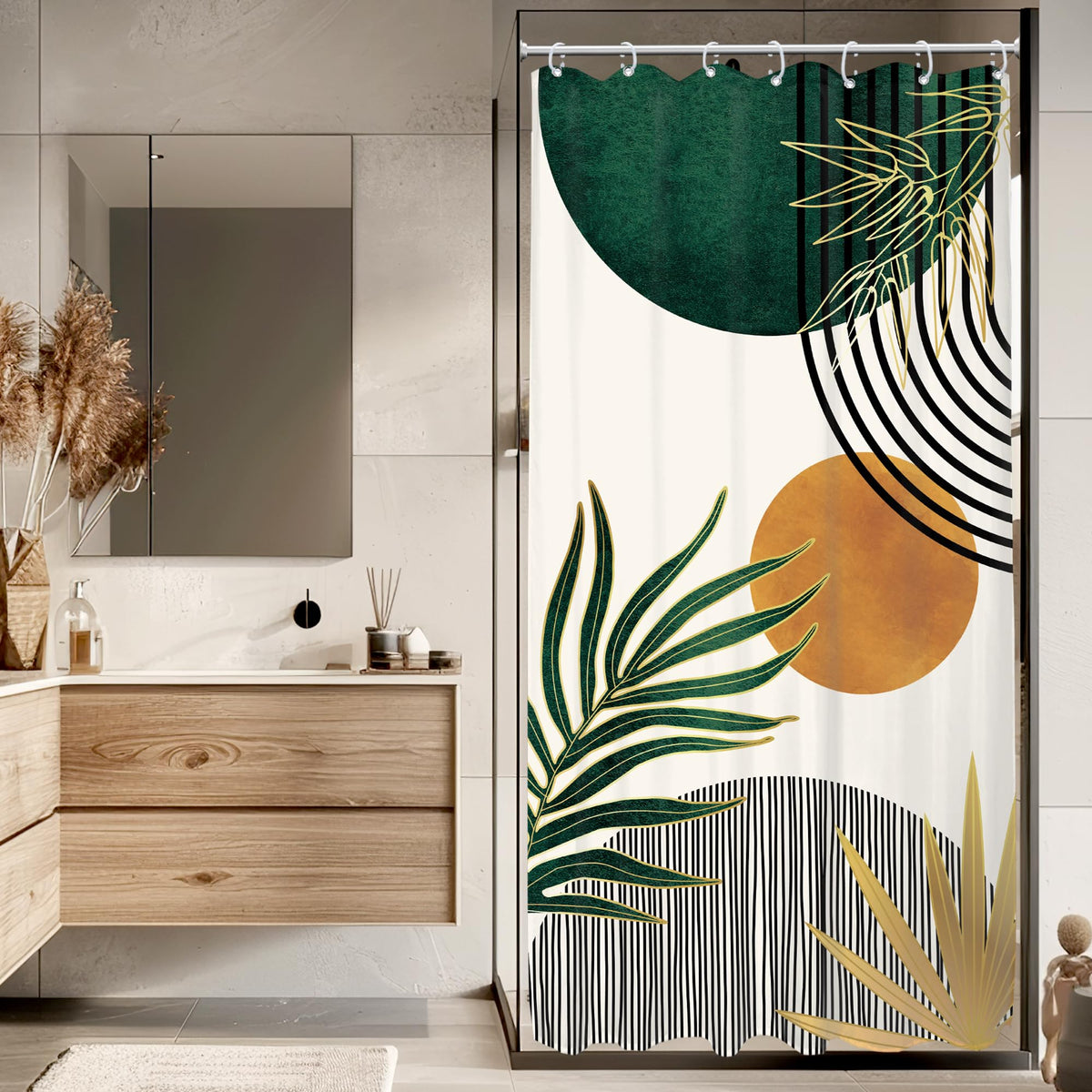 Mid Century Green Orange Boho Abstract Modern Bathroom Shower Curtain Set