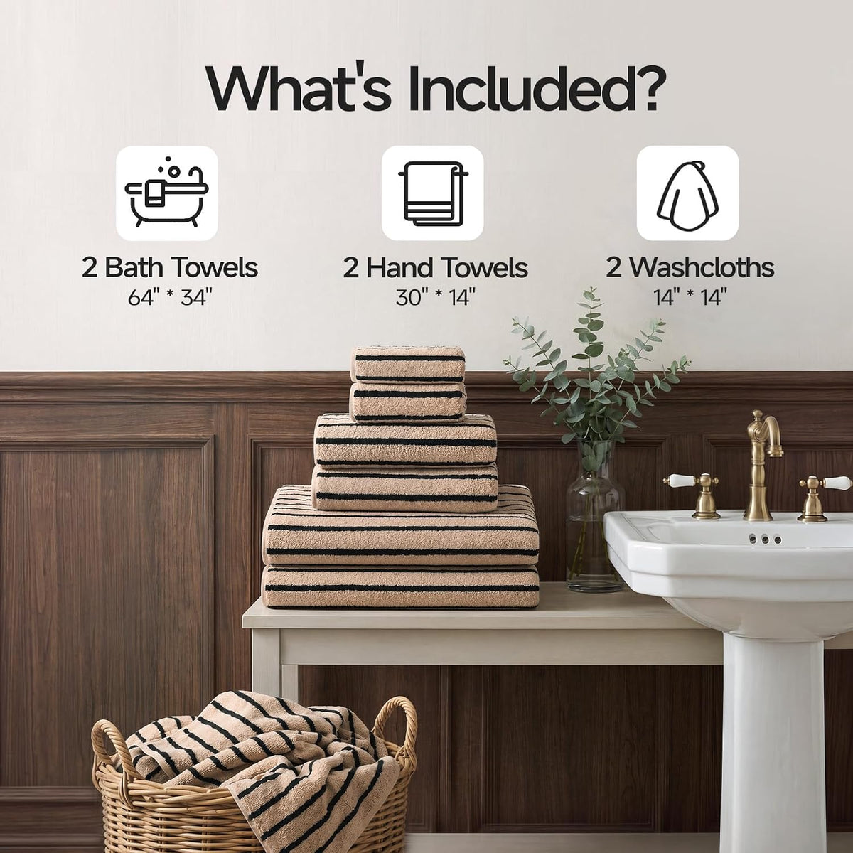 ecolook Striped Microfiber Bathroom Towel Set, Lightweight-Khaki