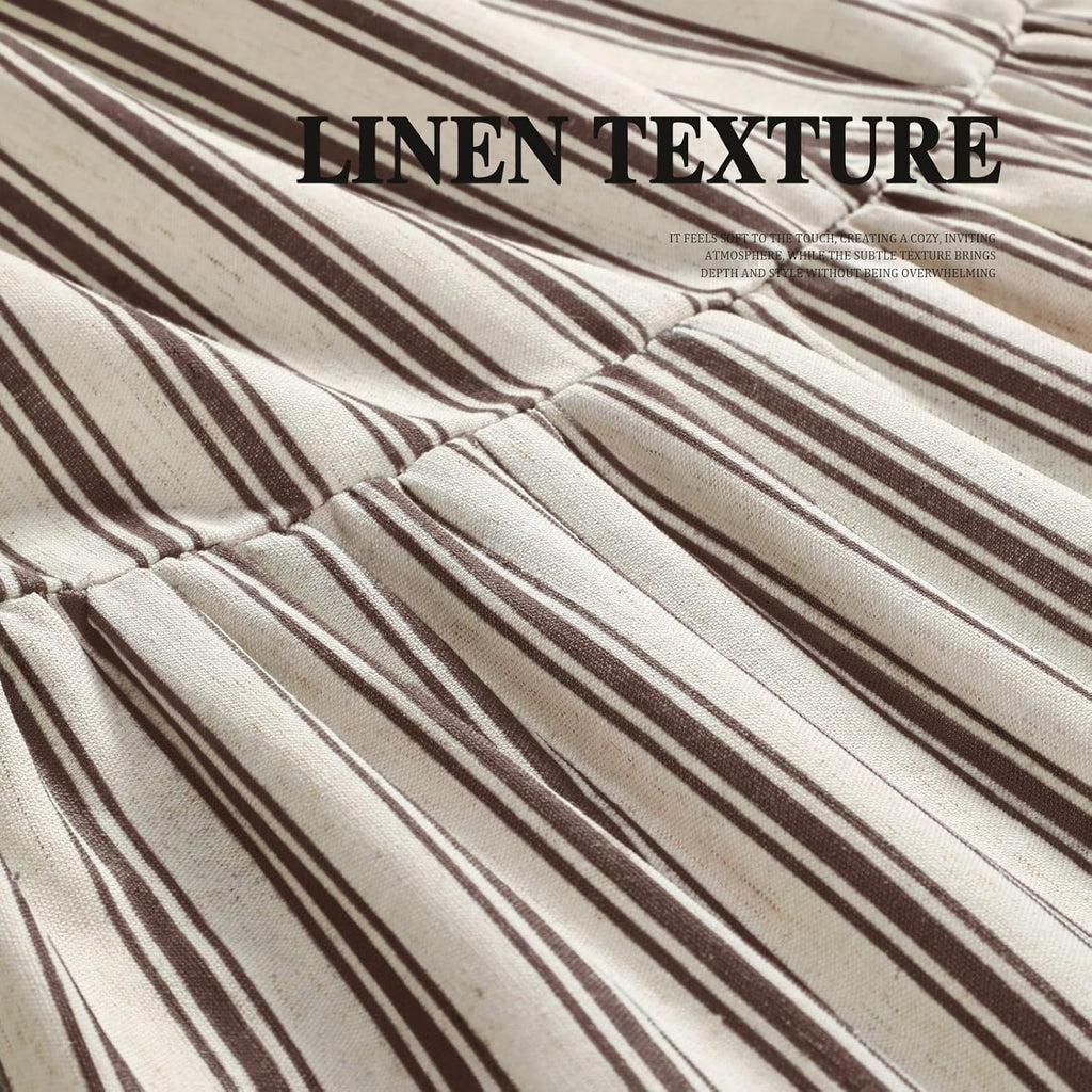 Farmhouse Shower Curtain Ruffle Linen Cream-Brown Stripe 72"W x 72"L