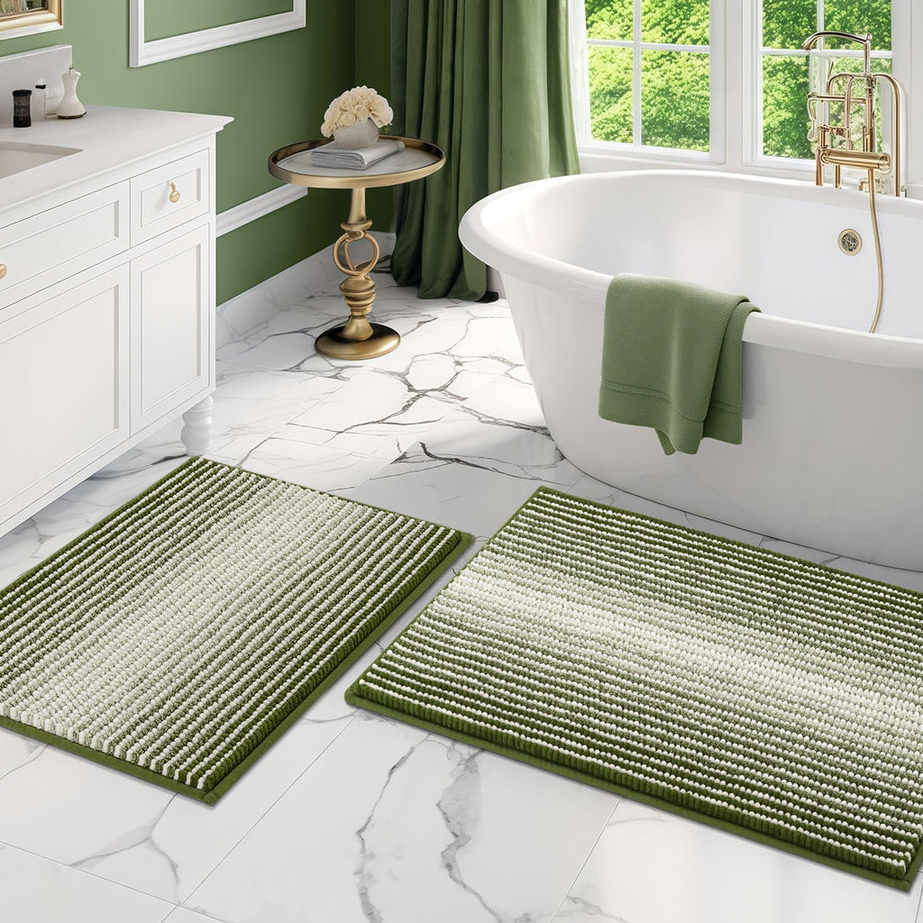 BSICPRO Bathroom Rugs Sets 2 Piece, Non Slip Striped Bath Mats, Fog Blue