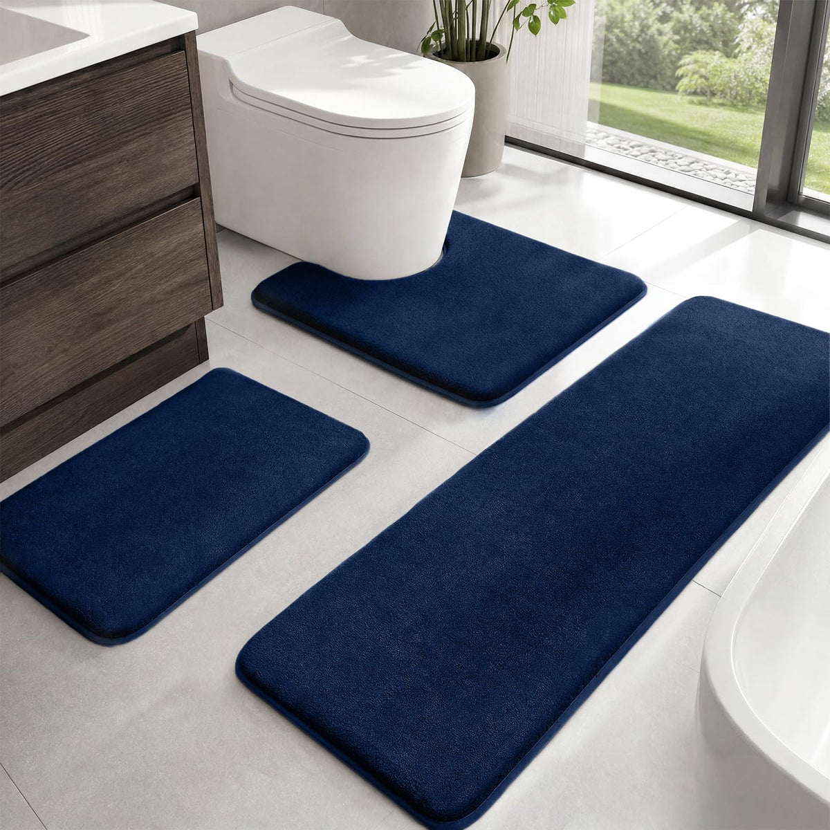HUXMEYSON Bathroom Rugs Sets 2 Piece, Non-Slip & Quick Dry Bath Mat Set, Ultra Soft Velvet Bath Rugs for Bathroom, Toilet and Shower Floor, Navy