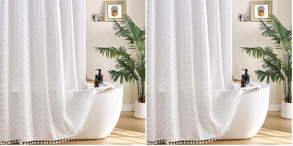 Siiluminisoy Boho Shower Curtain with Tassel Woven Fabric Olive Green Shower Curtain 72 x 72 Modern Farmhouse Textured Tufted Chevron Striped Minimalist Bathroom Shower Curtains