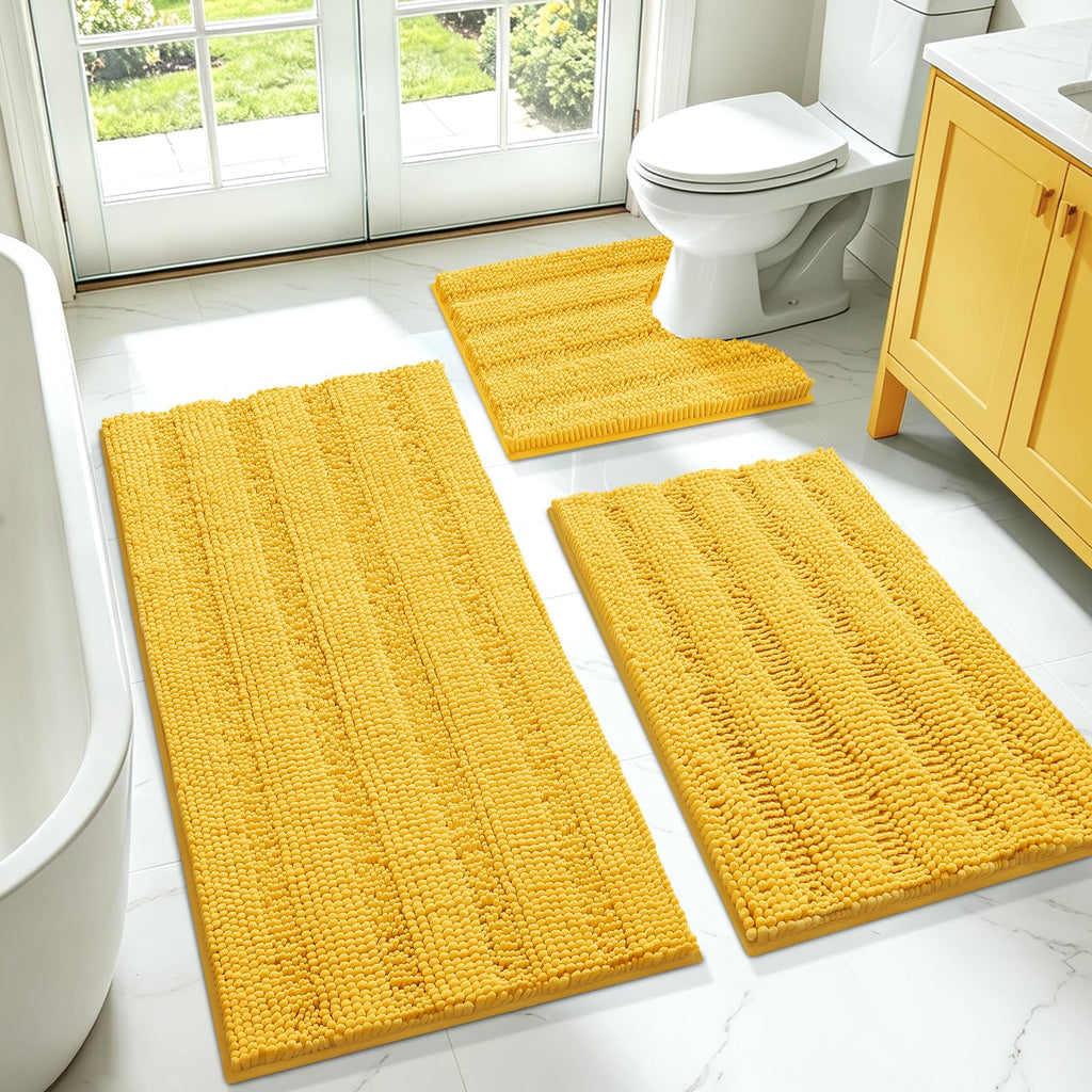 ACCUMTEK Striped Navy Blue Bathroom Rug Set 3 Pieces Ultra Soft, Non Slip Chenille Toilet Mat, Absorbent Plush Shaggy Bath Mats for Bathroom, Bedroom, Kitchen