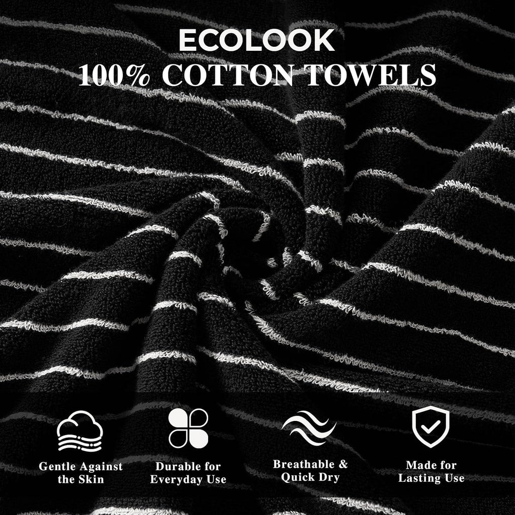 ecolook 4 Pack Premium Bath Towels, 100% Cotton Striped, 28x55 in, Black