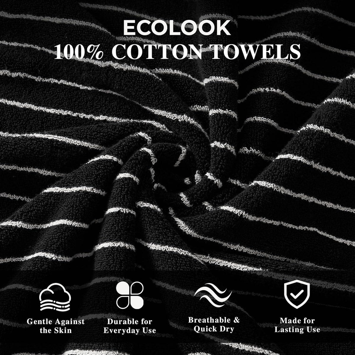 ecolook 4 Pack Premium Bath Towels, 100% Cotton Striped, 28x55 in, Black