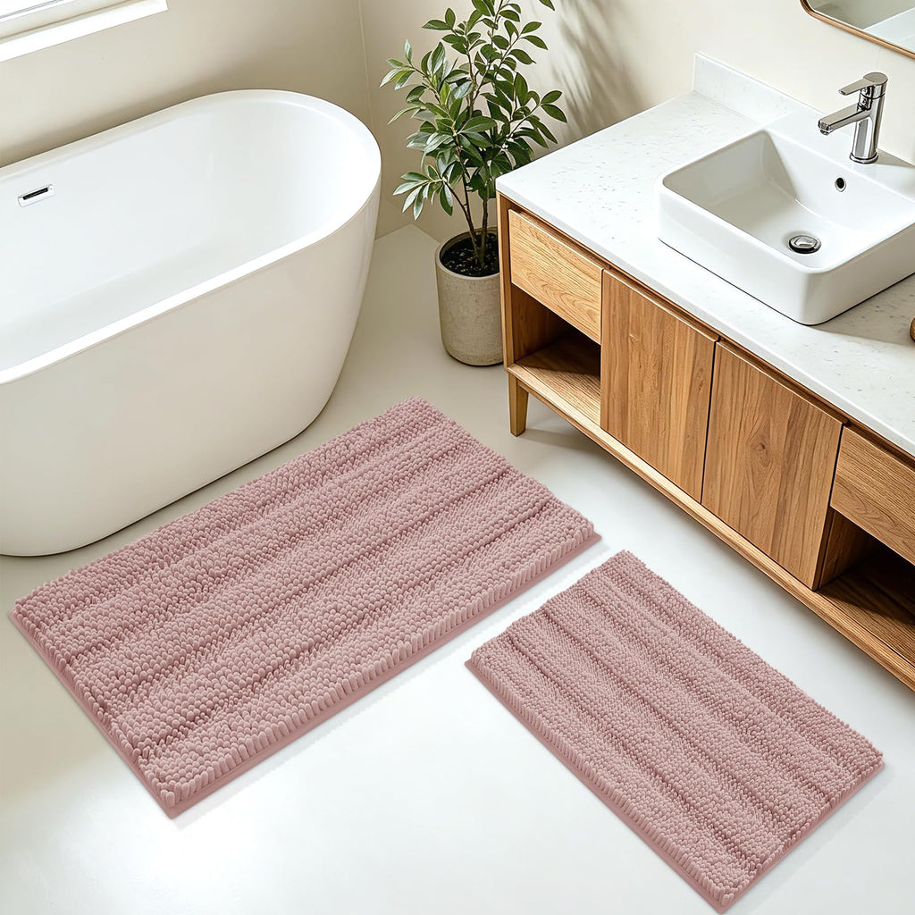 ACCUMTEK Striped Navy Blue Bathroom Rug Set 3 Pieces Ultra Soft, Non Slip Chenille Toilet Mat, Absorbent Plush Shaggy Bath Mats for Bathroom, Bedroom, Kitchen