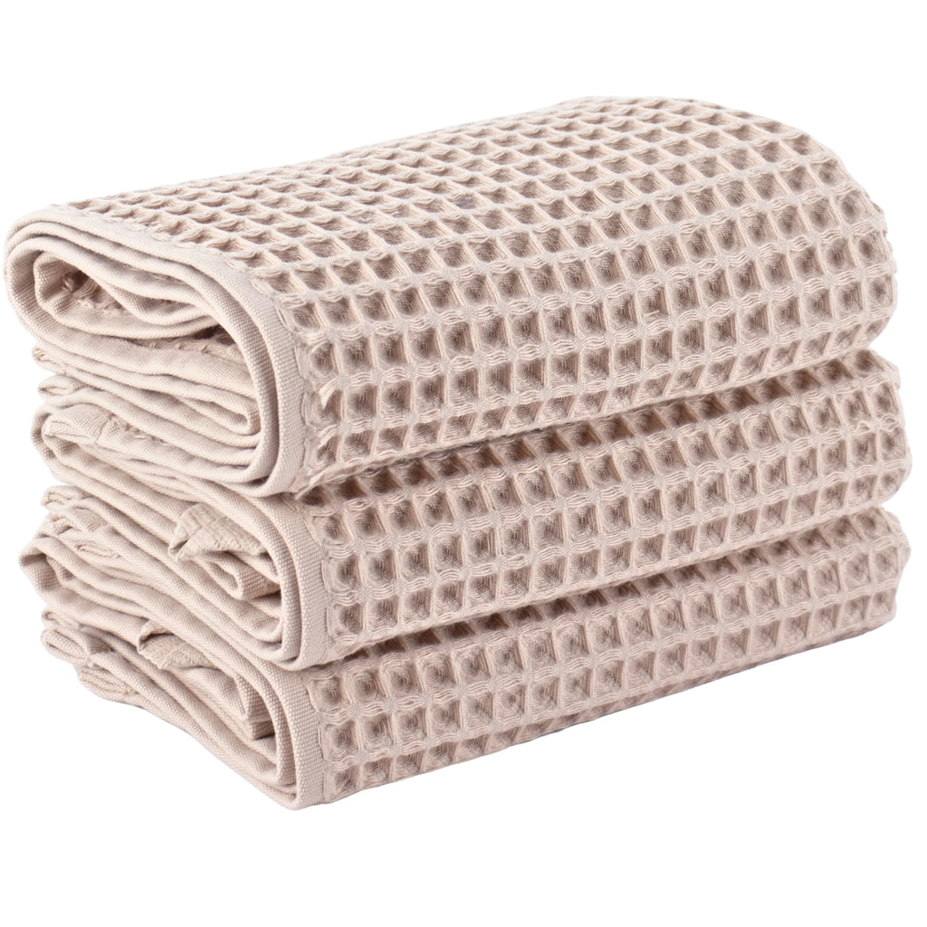 PÜSKÜL Natural 100% Turkish Cotton Waffle Hand and Kitchen Towels Set of 3