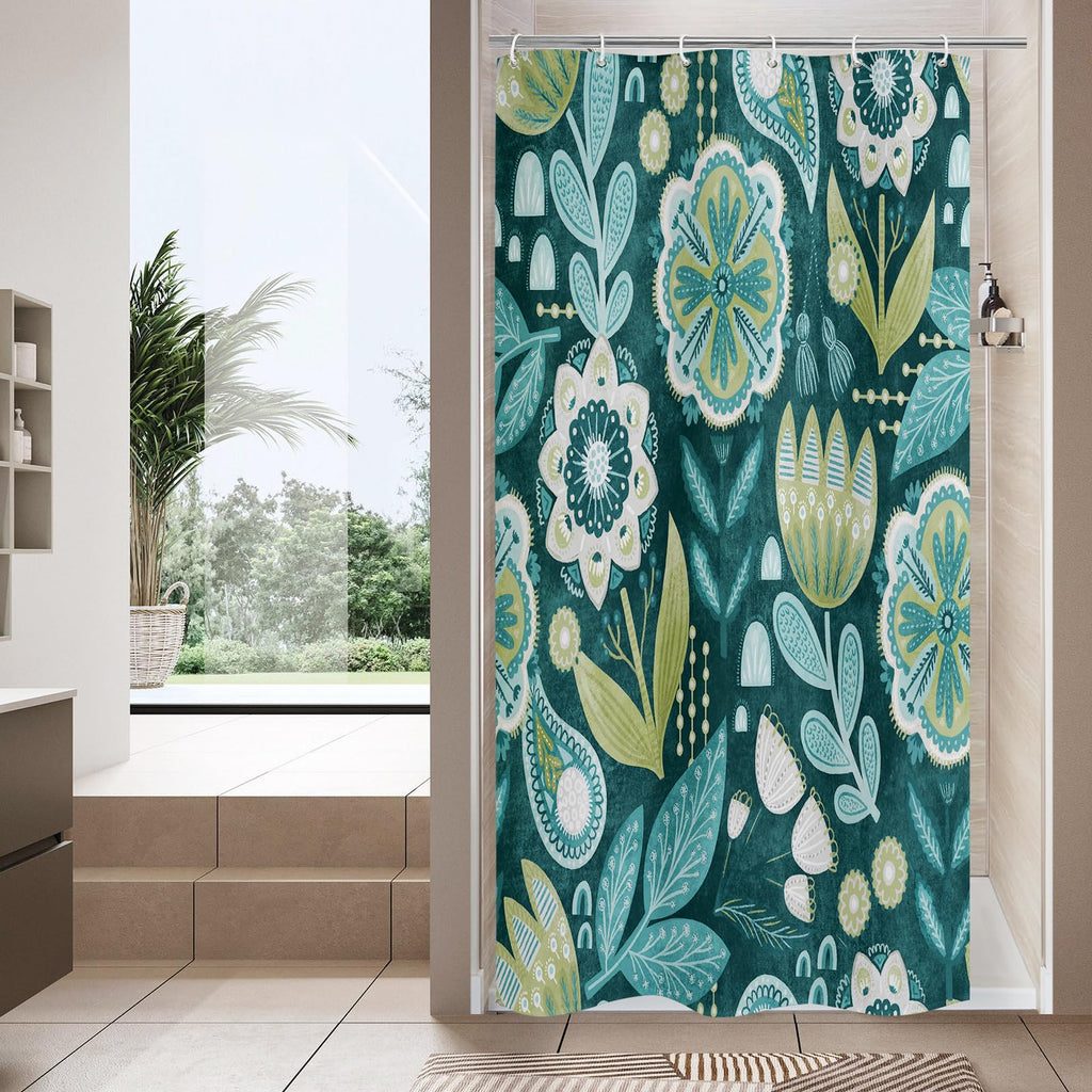 Boho Floral Shower Curtain, Vintage Botanical Fabric Curtain, 72 x 72