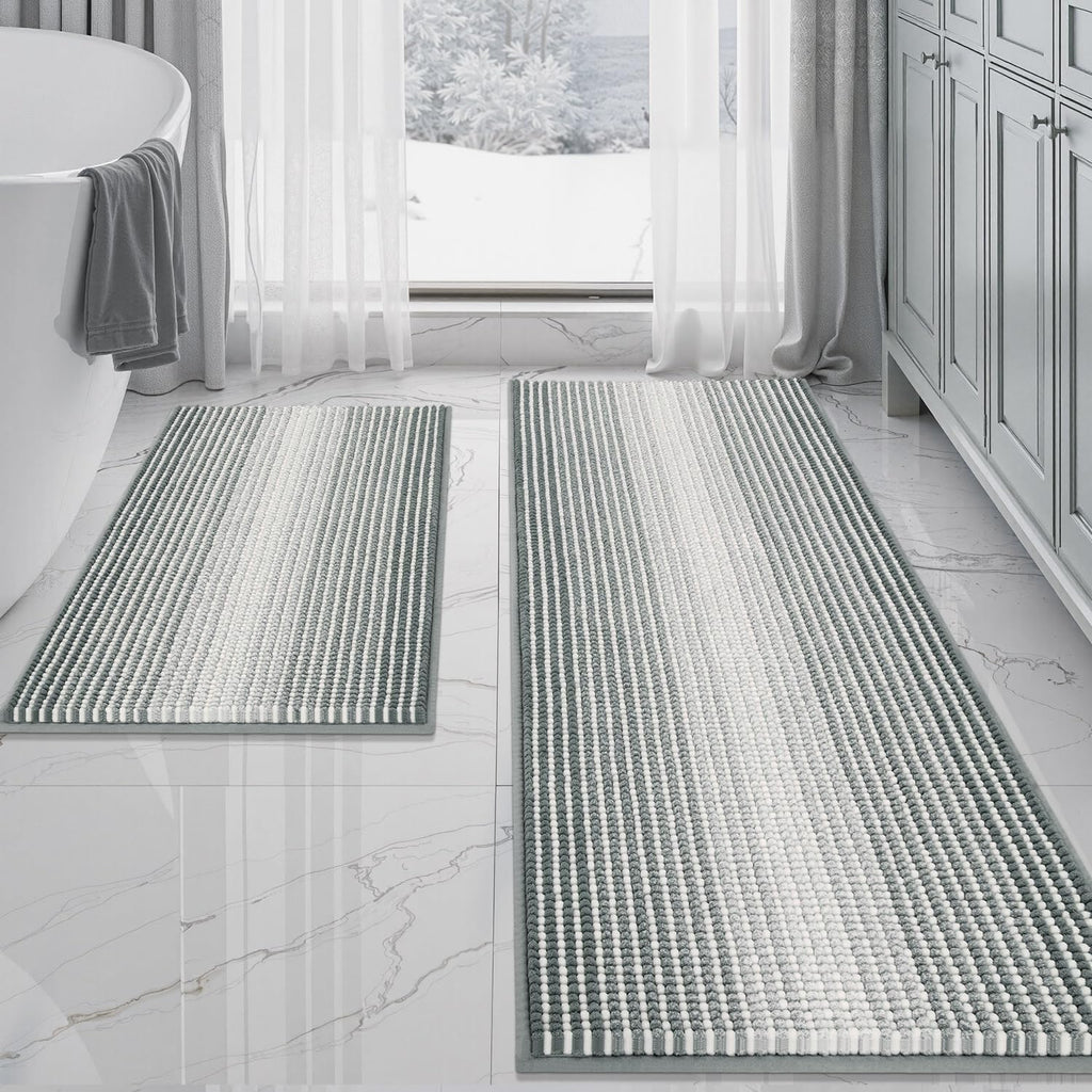 BSICPRO Bathroom Rugs Sets 2 Piece, Non Slip Striped Bath Mats, Fog Blue