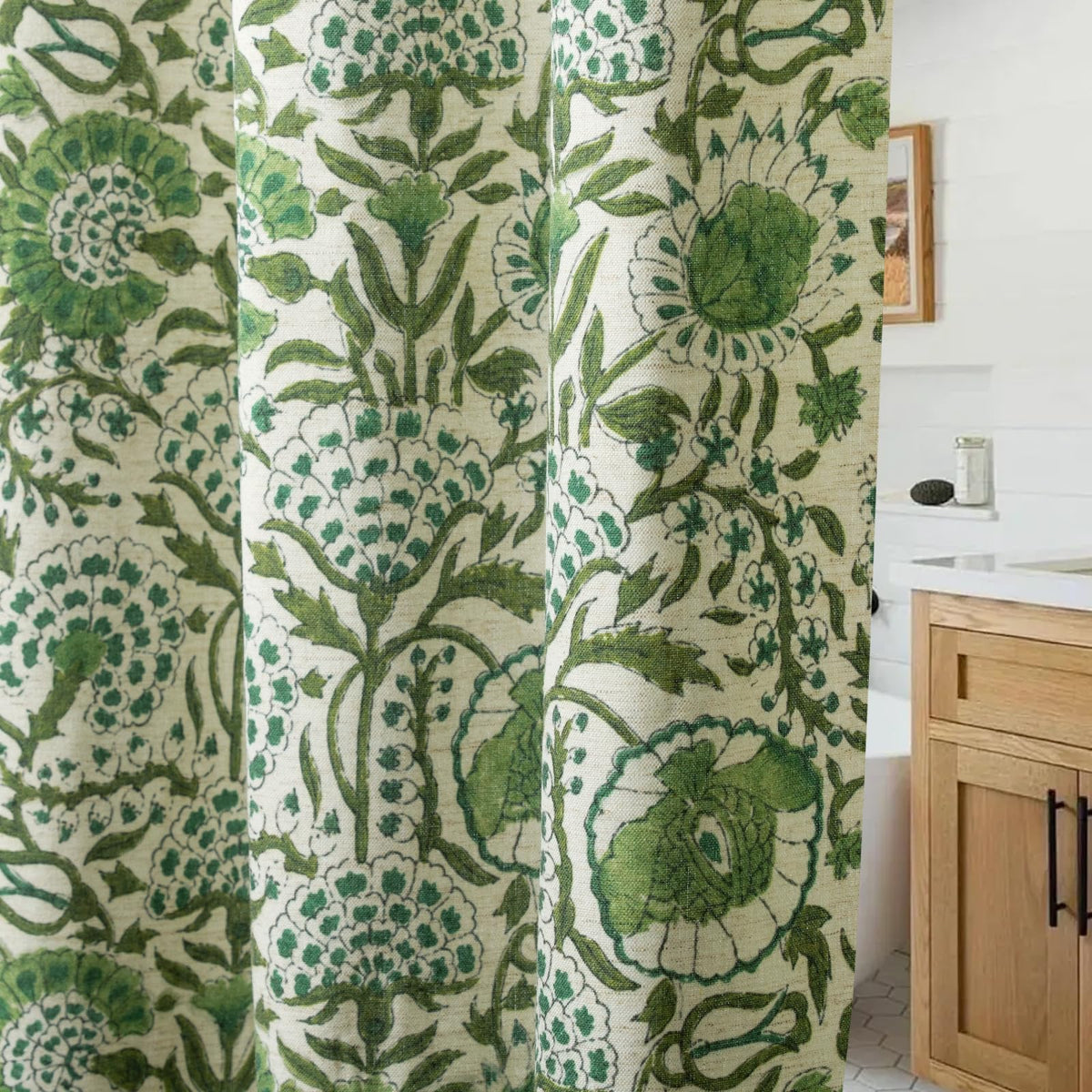 Linen Textured Ruffle Shower Curtain - Blue Vintage Floral Block Print, Boho Cottagecore Farmhouse French Country Bathroom Decor Set, 72x72 Inches