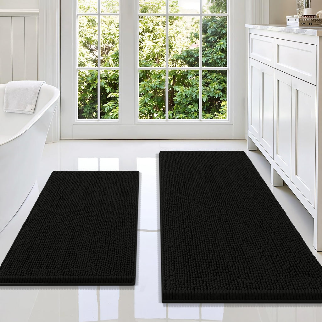 Smiry Chenille Bathroom Rugs Sets 2 Piece (30x20+24x16, Black)