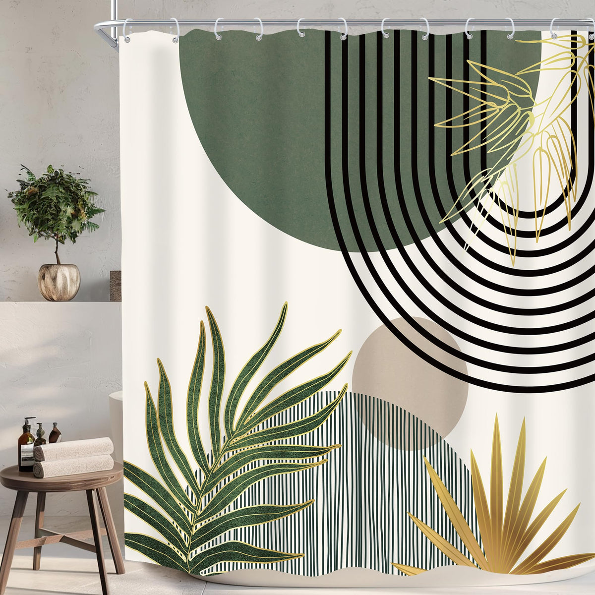Mid Century Green Orange Boho Abstract Modern Bathroom Shower Curtain Set