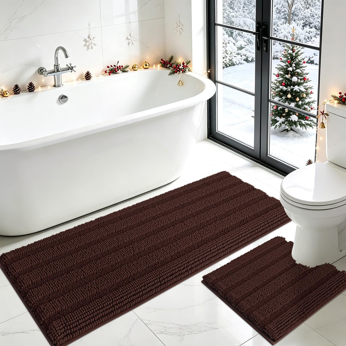 ACCUMTEK Striped Navy Blue Bathroom Rug Set 3 Pieces Ultra Soft, Non Slip Chenille Toilet Mat, Absorbent Plush Shaggy Bath Mats for Bathroom, Bedroom, Kitchen