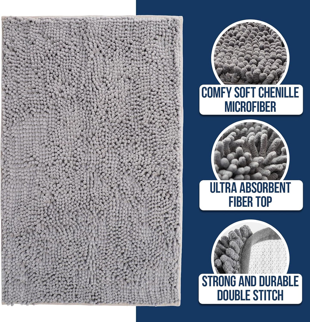 Muddy Mat Chenille Bathroom Rugs Quick Dry Microfiber Mats Non Slip Washable, Extra Thick, Soft and Highly Absorbent Bath Mats for Bathroom, Kitchen, and Shower Floor - Grey Medium 30"X19"