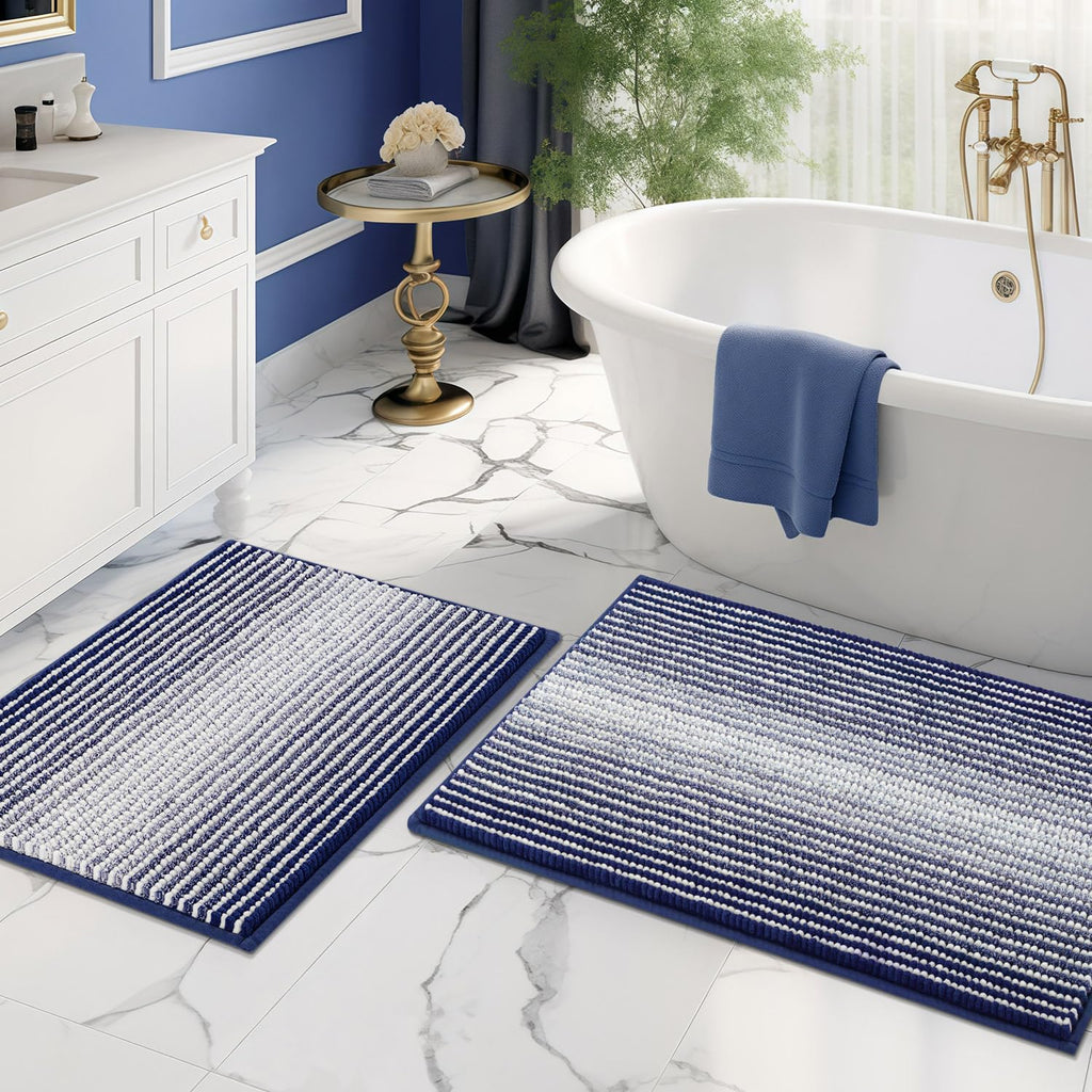 BSICPRO Bathroom Rugs Sets 2 Piece, Non Slip Striped Bath Mats, Fog Blue