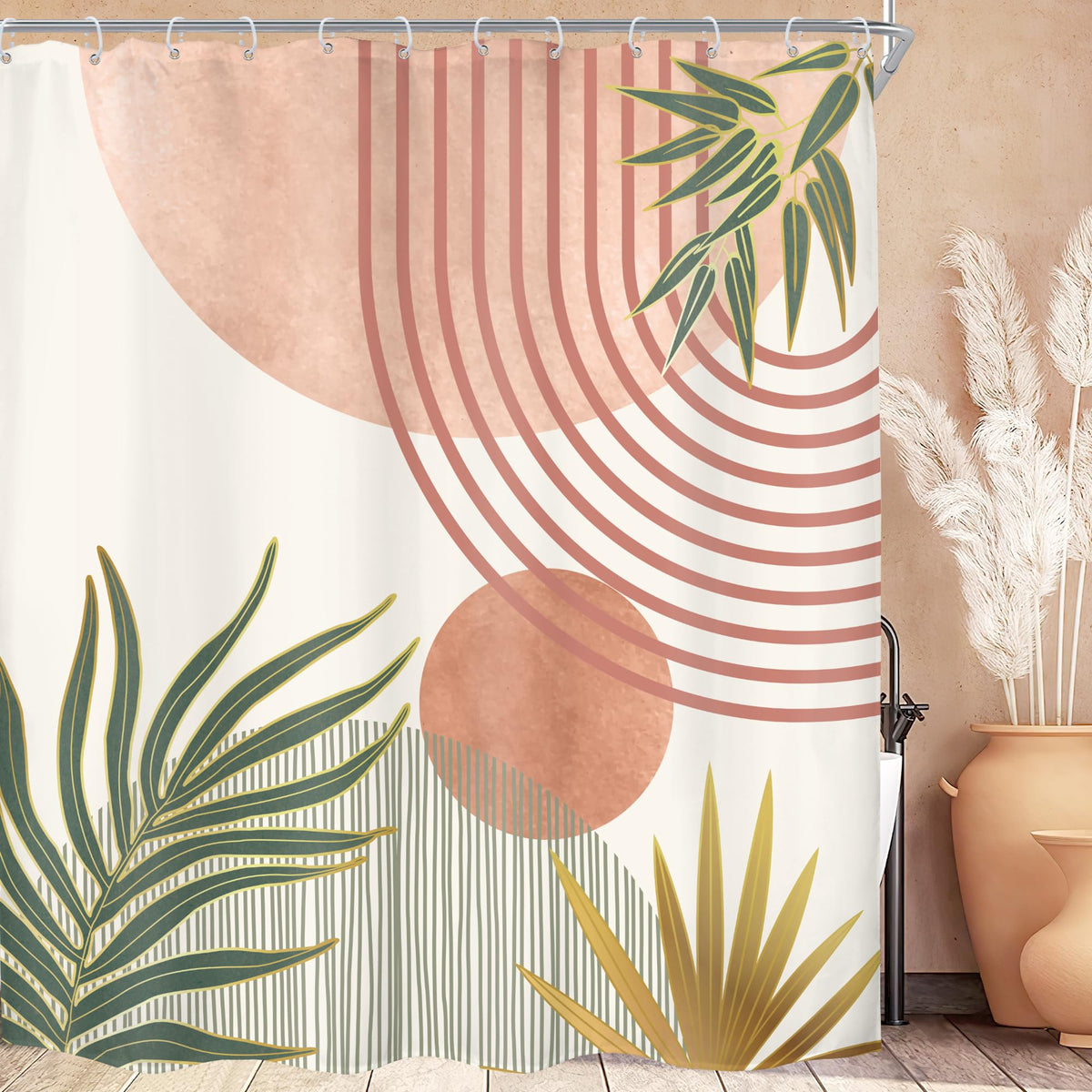 Mid Century Green Orange Boho Abstract Modern Bathroom Shower Curtain Set