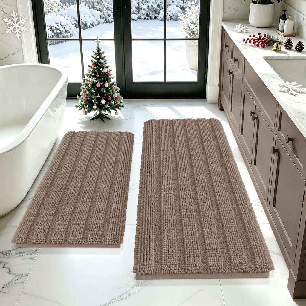 ACCUMTEK Striped Navy Blue Bathroom Rug Set 3 Pieces Ultra Soft, Non Slip Chenille Toilet Mat, Absorbent Plush Shaggy Bath Mats for Bathroom, Bedroom, Kitchen