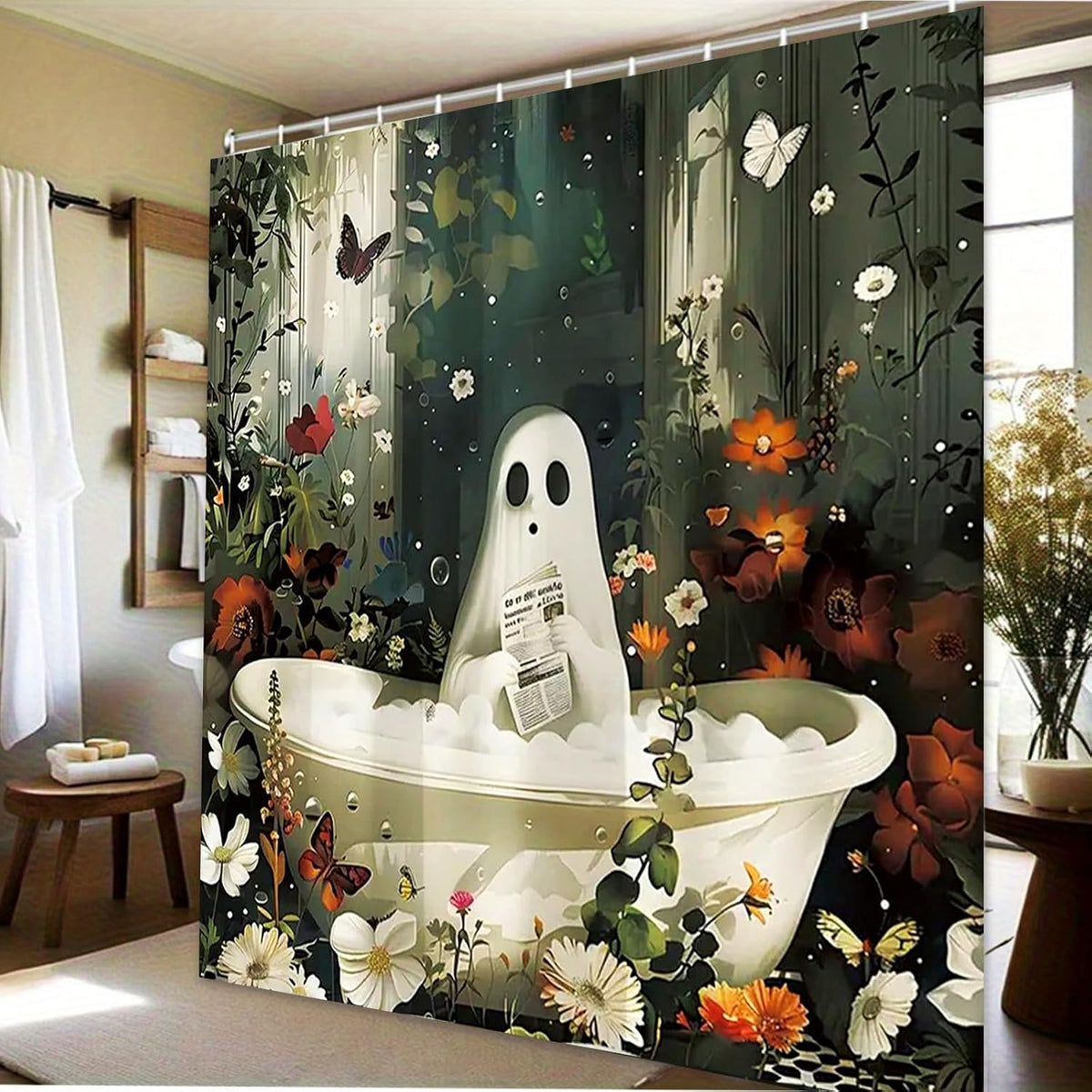 Halloween Shower Curtain Spooky Bathroom Cute Funny Shower Curtains Ghost Shower Curtain 72x72 Inch Waterproof Polyester Insulated Home Decor Set Halloween Bathroom Decor