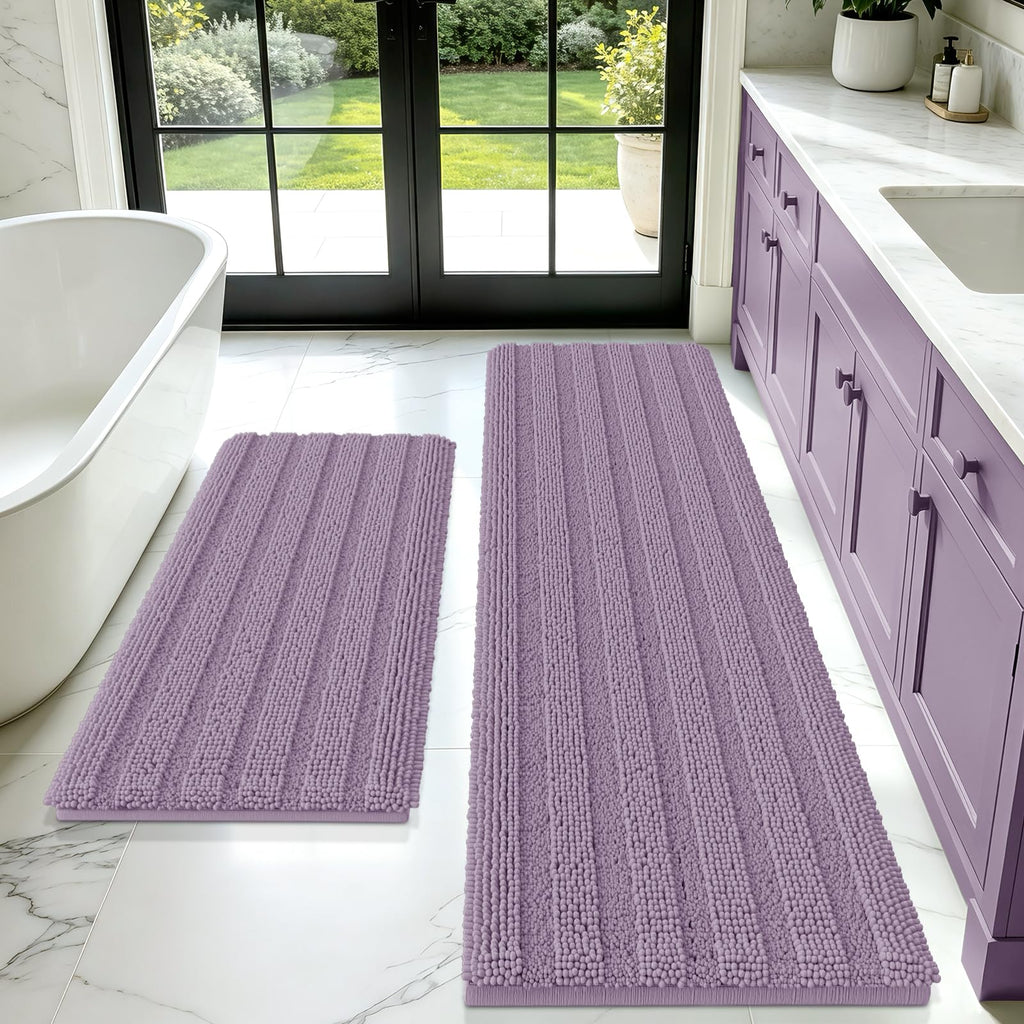ACCUMTEK Striped Navy Blue Bathroom Rug Set 3 Pieces Ultra Soft, Non Slip Chenille Toilet Mat, Absorbent Plush Shaggy Bath Mats for Bathroom, Bedroom, Kitchen