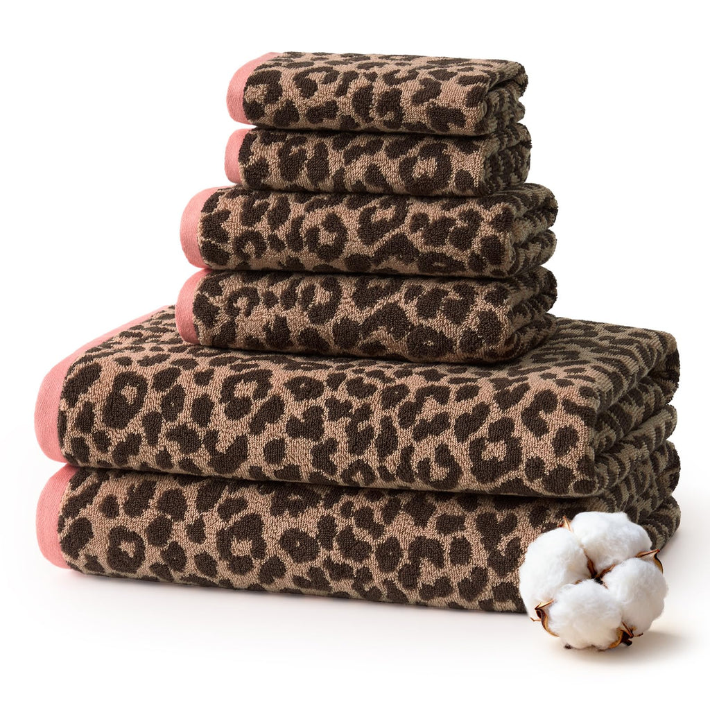 REDKISS Leopard Print Towel Set of 6,100% Cotton Bathroom Towels,Quick Dry & Absorbent,2 Bath Towel, 2 Hand Towel, 2 Washcloth-Pink