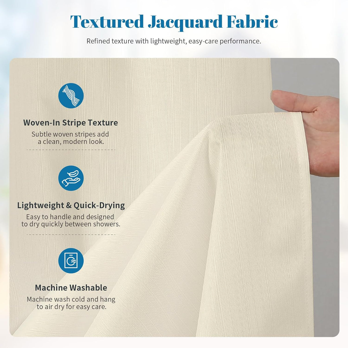 2-in-1 Waterproof Textured Fabric Shower Curtain, 72W x 72L, Cream