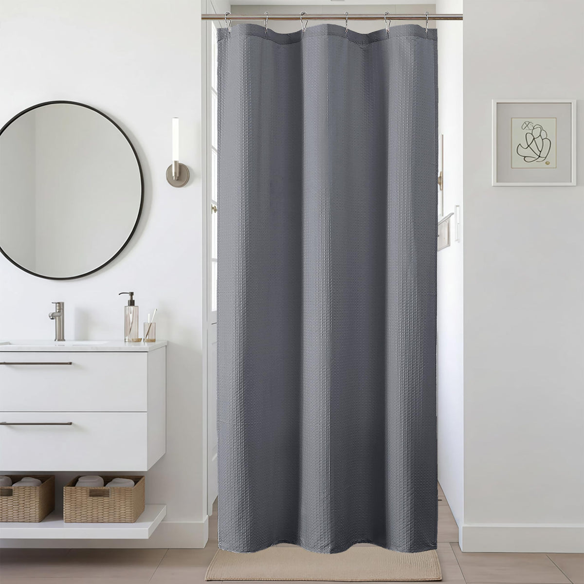 Navy Blue Shower Curtain 72 Inch Length 1 Piece, Waffle Embossed Textured Soft Fabric Hotel Shower Curtain for Bathroom, Modern Polyester Water Repellent Cloth Bath Decor, 72Wx72L Inches