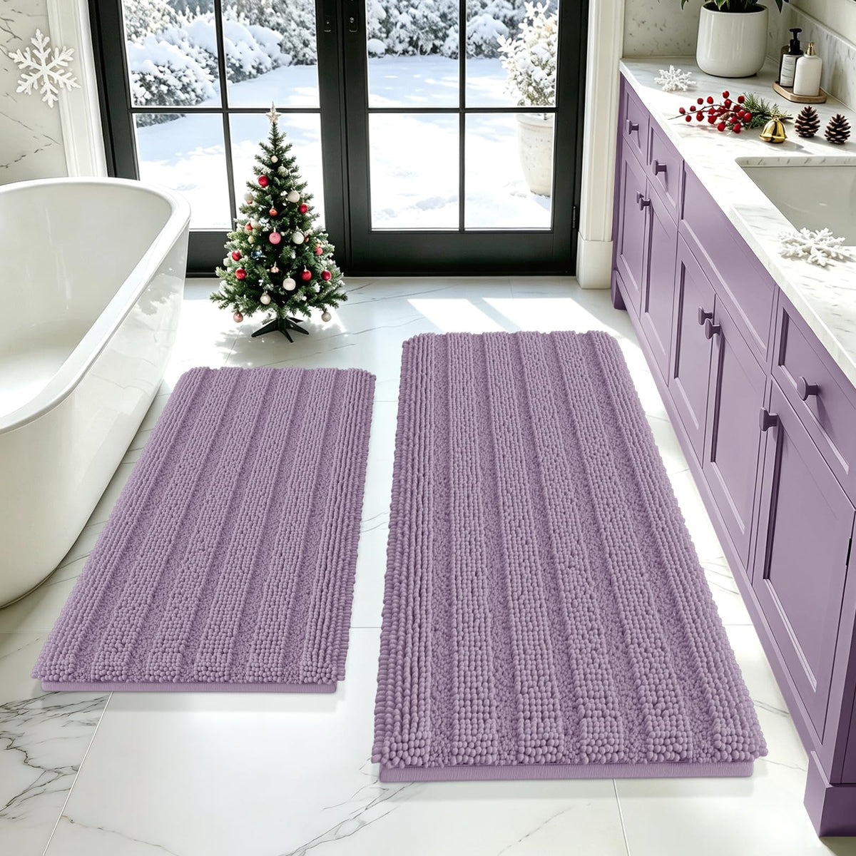 ACCUMTEK Striped Navy Blue Bathroom Rug Set 3 Pieces Ultra Soft, Non Slip Chenille Toilet Mat, Absorbent Plush Shaggy Bath Mats for Bathroom, Bedroom, Kitchen