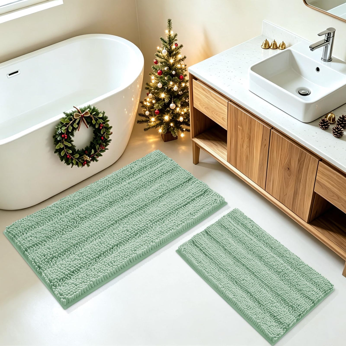ACCUMTEK Striped Navy Blue Bathroom Rug Set 3 Pieces Ultra Soft, Non Slip Chenille Toilet Mat, Absorbent Plush Shaggy Bath Mats for Bathroom, Bedroom, Kitchen