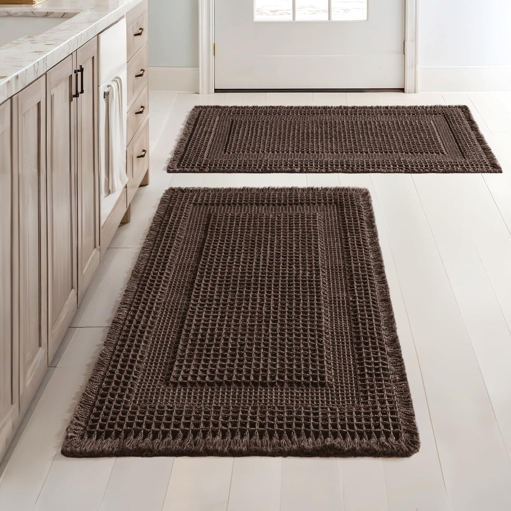 MIULEE Set of 2 Waffle Bathroom Rugs Brown&Cream Boho Bath Mat 17x24+18x30