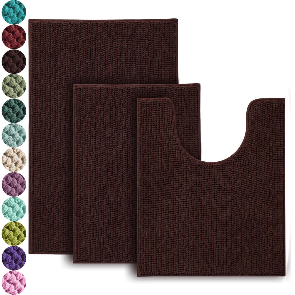 Urvoix Bathroom Rugs Sets 3 Piece, Non-Slip Chenille Bath Rug Set