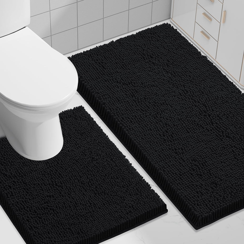 Smiry Chenille Bathroom Rugs Sets 2 Piece (30x20+24x16, Black)