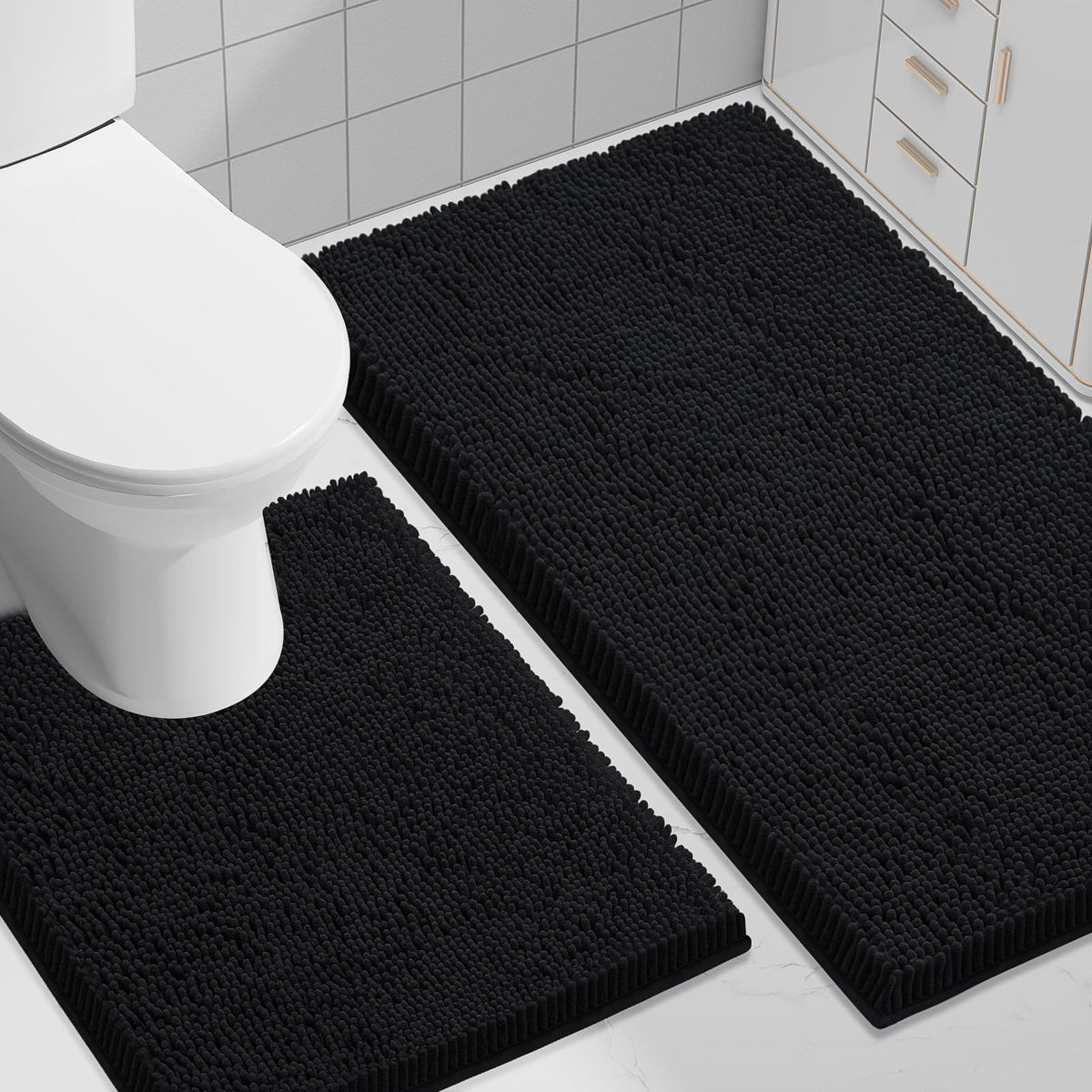 Smiry Chenille Bathroom Rugs Sets 2 Piece (30x20+24x16, Black)